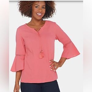 Denim & Co Crinkle Gauze Bell Sleeve Top Dot Lace Detail MEDIUM ~ A306777 Coral